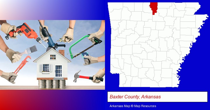 home improvement concepts and tools; Baxter County, Arkansas highlighted in red on a map