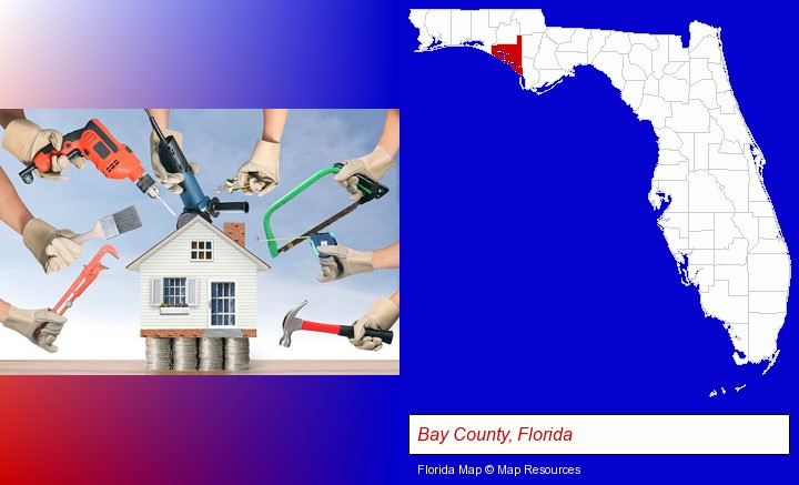 home improvement concepts and tools; Bay County, Florida highlighted in red on a map