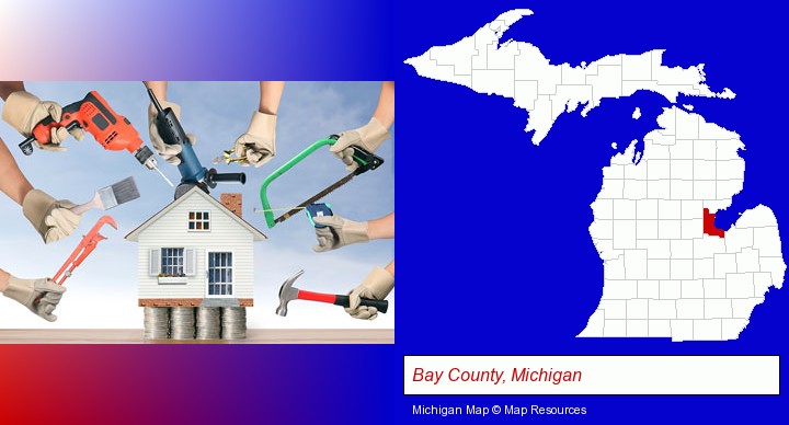 home improvement concepts and tools; Bay County, Michigan highlighted in red on a map