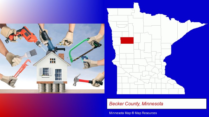 home improvement concepts and tools; Becker County, Minnesota highlighted in red on a map