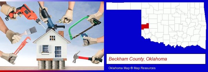 home improvement concepts and tools; Beckham County, Oklahoma highlighted in red on a map