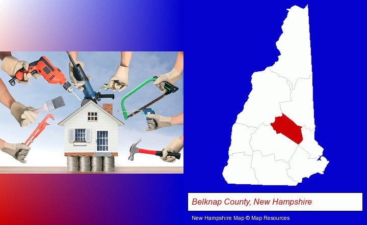 home improvement concepts and tools; Belknap County, New Hampshire highlighted in red on a map