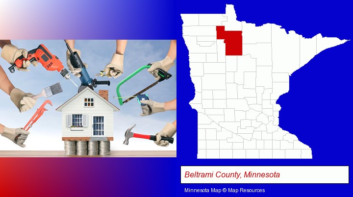 home improvement concepts and tools; Beltrami County, Minnesota highlighted in red on a map