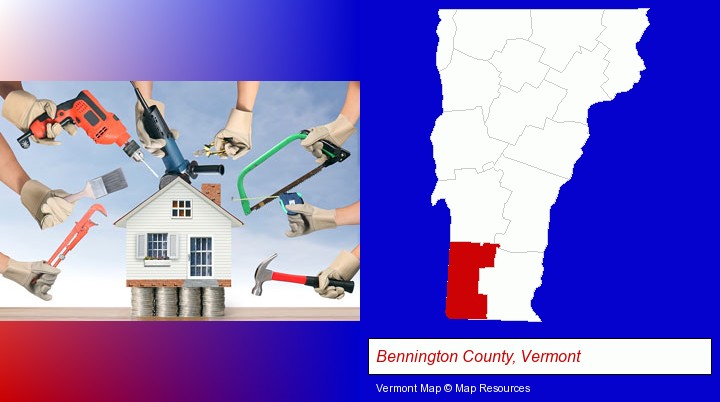 home improvement concepts and tools; Bennington County, Vermont highlighted in red on a map