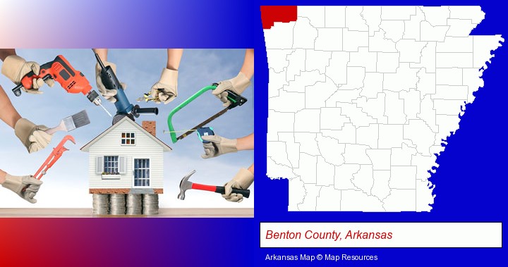 home improvement concepts and tools; Benton County, Arkansas highlighted in red on a map