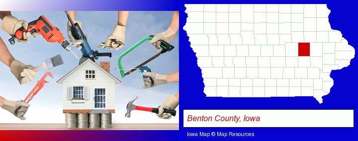 home improvement concepts and tools; Benton County, Iowa highlighted in red on a map