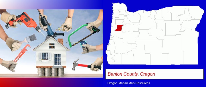 home improvement concepts and tools; Benton County, Oregon highlighted in red on a map