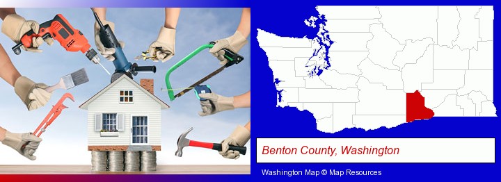 home improvement concepts and tools; Benton County, Washington highlighted in red on a map