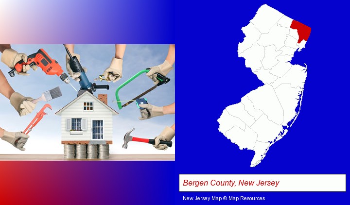 home improvement concepts and tools; Bergen County, New Jersey highlighted in red on a map