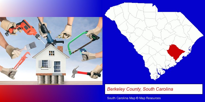 home improvement concepts and tools; Berkeley County, South Carolina highlighted in red on a map