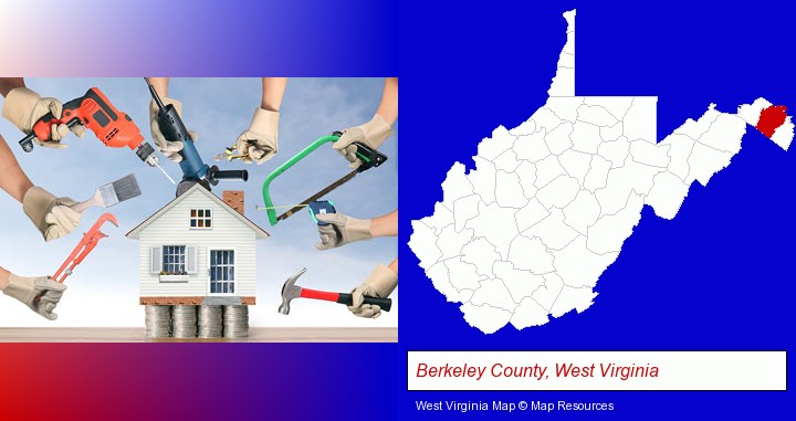 home improvement concepts and tools; Berkeley County, West Virginia highlighted in red on a map