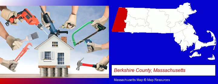 home improvement concepts and tools; Berkshire County, Massachusetts highlighted in red on a map