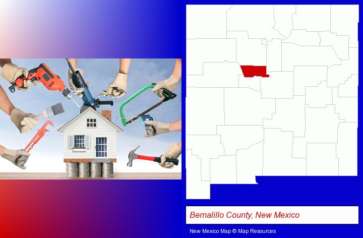home improvement concepts and tools; Bernalillo County, New Mexico highlighted in red on a map
