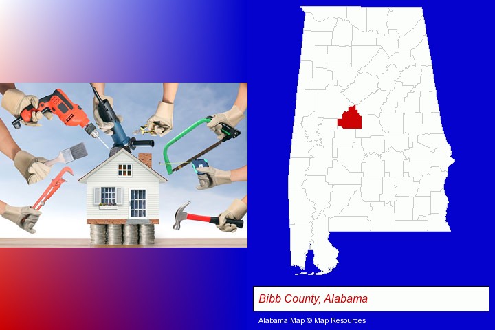 home improvement concepts and tools; Bibb County, Alabama highlighted in red on a map