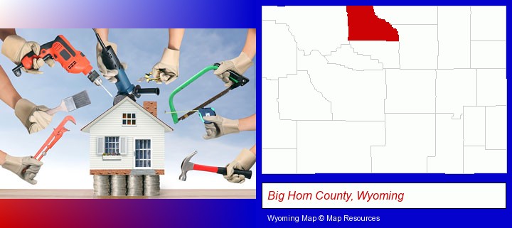 home improvement concepts and tools; Big Horn County, Wyoming highlighted in red on a map