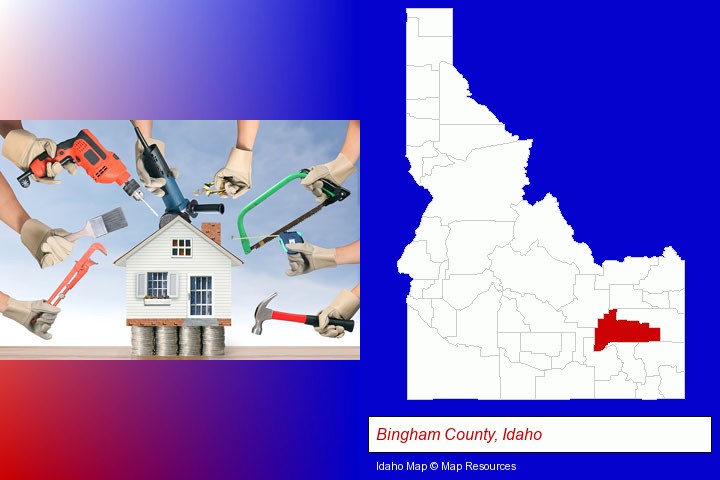 home improvement concepts and tools; Bingham County, Idaho highlighted in red on a map