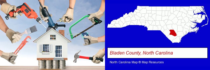 home improvement concepts and tools; Bladen County, North Carolina highlighted in red on a map