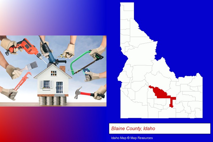 home improvement concepts and tools; Blaine County, Idaho highlighted in red on a map