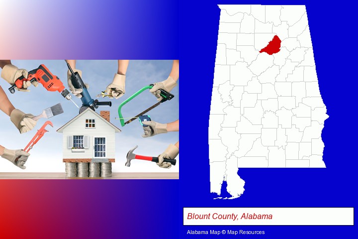 home improvement concepts and tools; Blount County, Alabama highlighted in red on a map