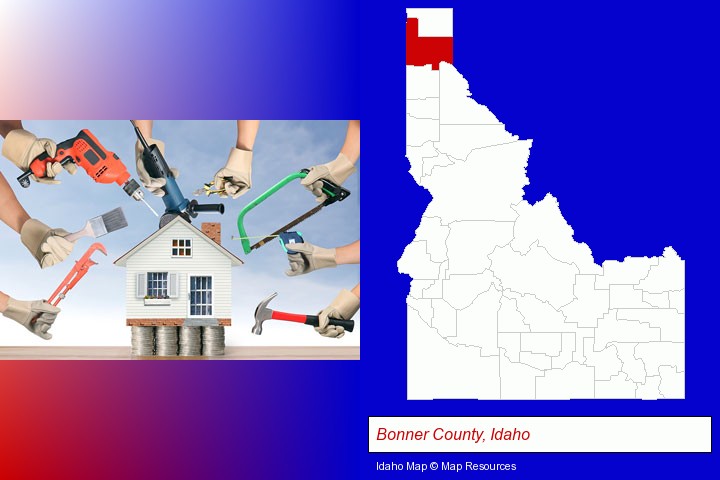 home improvement concepts and tools; Bonner County, Idaho highlighted in red on a map