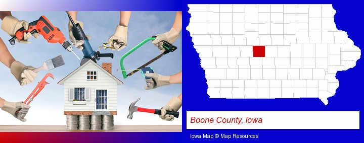 home improvement concepts and tools; Boone County, Iowa highlighted in red on a map