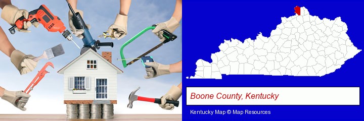 home improvement concepts and tools; Boone County, Kentucky highlighted in red on a map