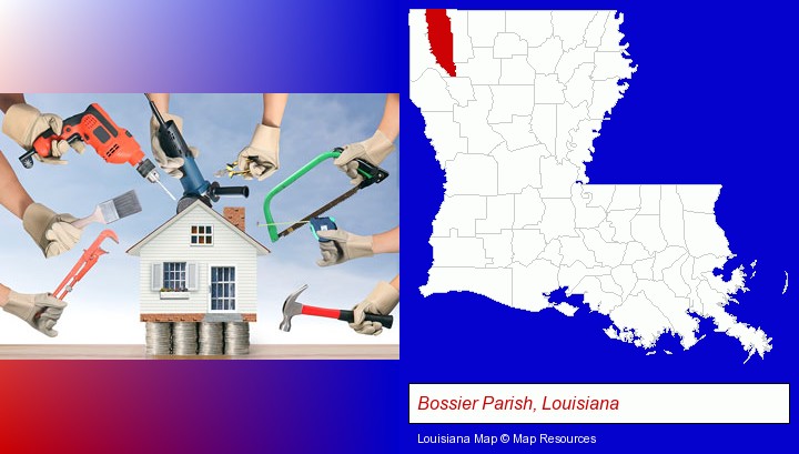 home improvement concepts and tools; Bossier Parish, Louisiana highlighted in red on a map