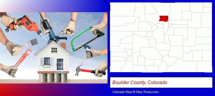 home improvement concepts and tools; Boulder County, Colorado highlighted in red on a map