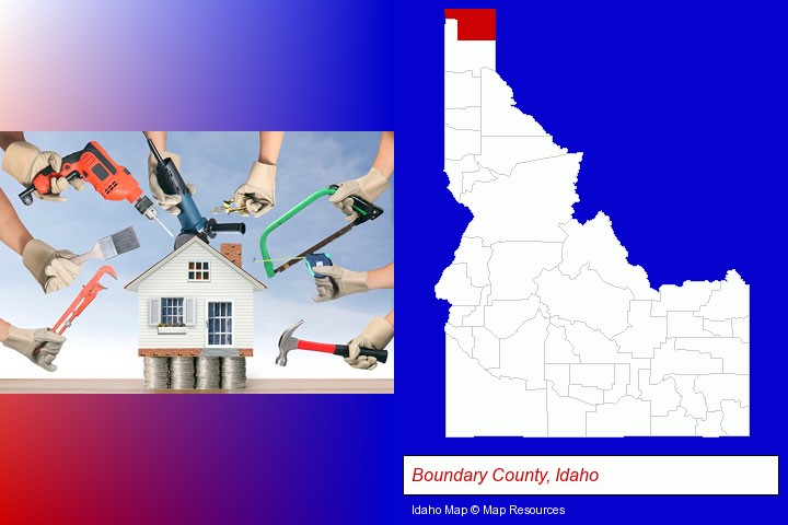 home improvement concepts and tools; Boundary County, Idaho highlighted in red on a map