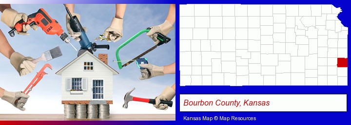 home improvement concepts and tools; Bourbon County, Kansas highlighted in red on a map