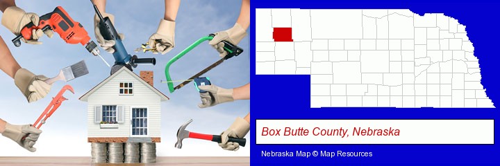 home improvement concepts and tools; Box Butte County, Nebraska highlighted in red on a map