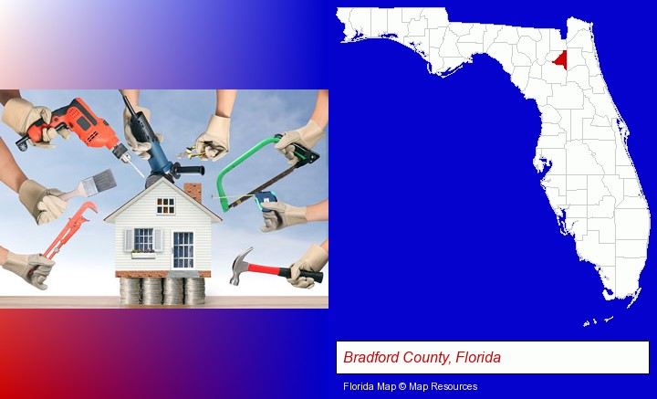 home improvement concepts and tools; Bradford County, Florida highlighted in red on a map