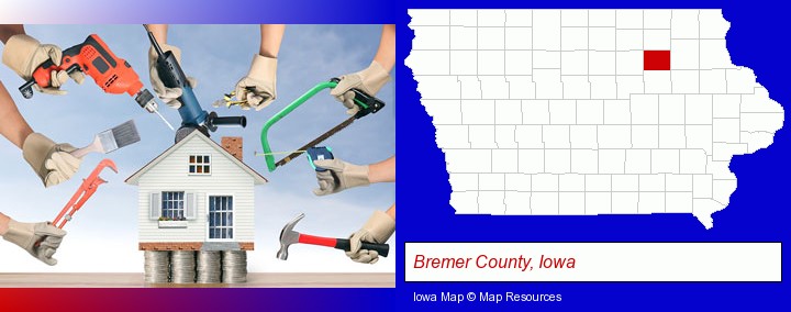 home improvement concepts and tools; Bremer County, Iowa highlighted in red on a map