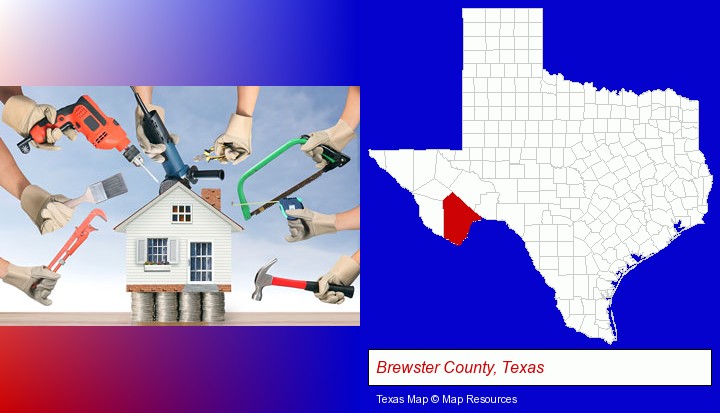 home improvement concepts and tools; Brewster County, Texas highlighted in red on a map