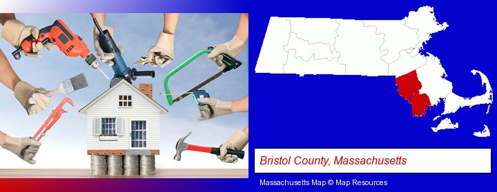 home improvement concepts and tools; Bristol County, Massachusetts highlighted in red on a map