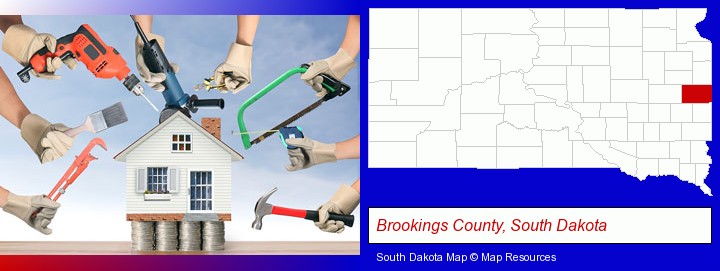 home improvement concepts and tools; Brookings County, South Dakota highlighted in red on a map