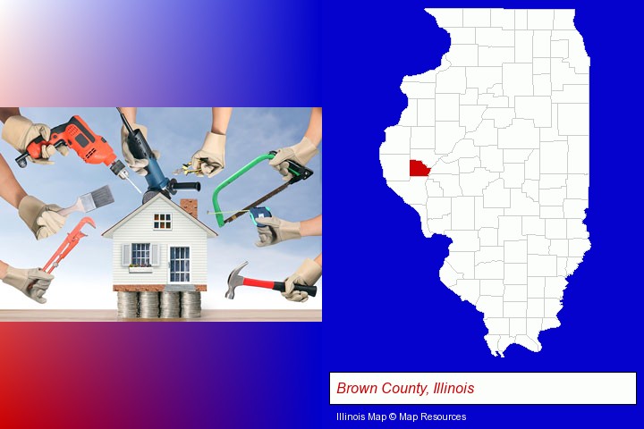 home improvement concepts and tools; Brown County, Illinois highlighted in red on a map