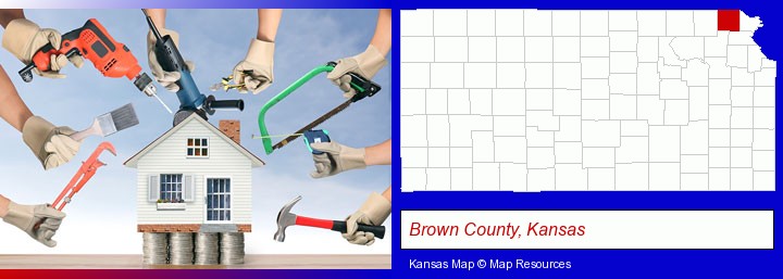 home improvement concepts and tools; Brown County, Kansas highlighted in red on a map