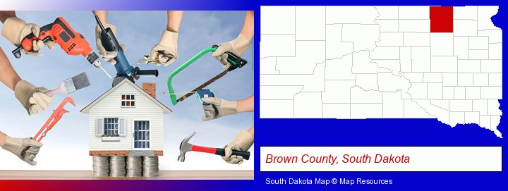 home improvement concepts and tools; Brown County, South Dakota highlighted in red on a map