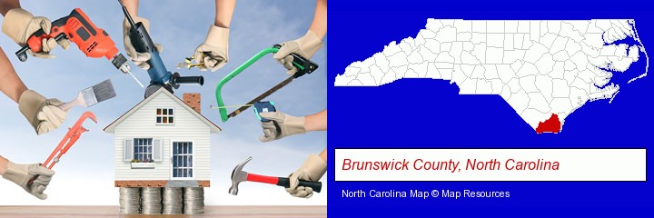 home improvement concepts and tools; Brunswick County, North Carolina highlighted in red on a map