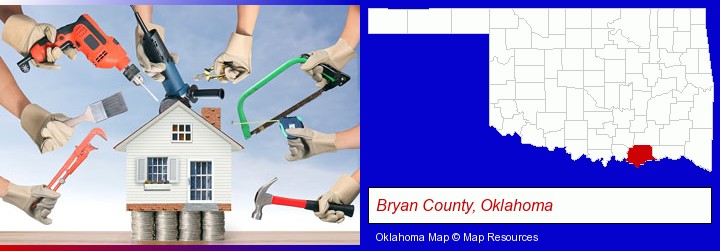 home improvement concepts and tools; Bryan County, Oklahoma highlighted in red on a map