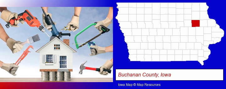 home improvement concepts and tools; Buchanan County, Iowa highlighted in red on a map