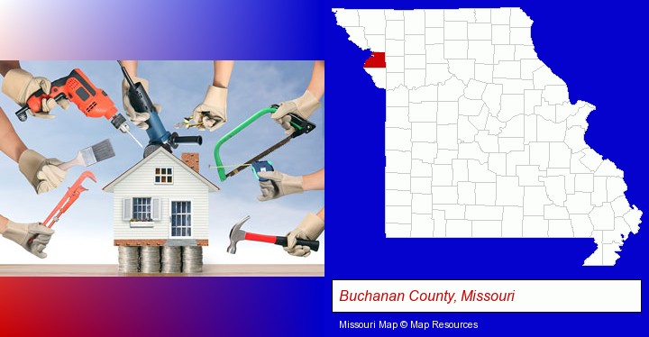 home improvement concepts and tools; Buchanan County, Missouri highlighted in red on a map