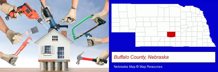 home improvement concepts and tools; Buffalo County, Nebraska highlighted in red on a map