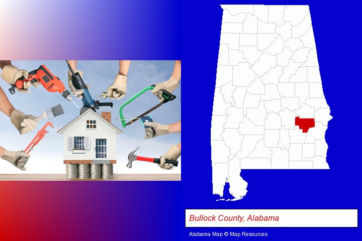 home improvement concepts and tools; Bullock County, Alabama highlighted in red on a map