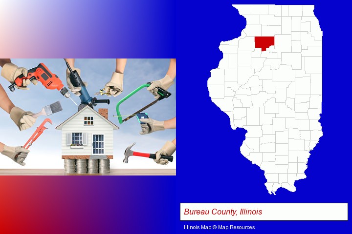 home improvement concepts and tools; Bureau County, Illinois highlighted in red on a map