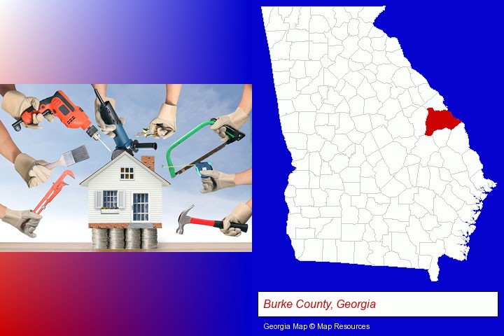 home improvement concepts and tools; Burke County, Georgia highlighted in red on a map