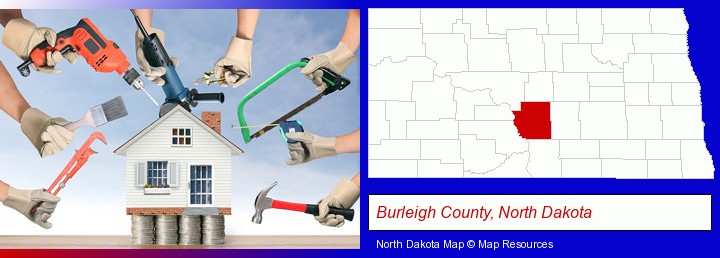home improvement concepts and tools; Burleigh County, North Dakota highlighted in red on a map