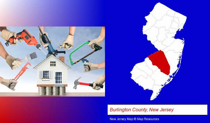 home improvement concepts and tools; Burlington County, New Jersey highlighted in red on a map