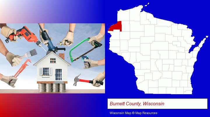 home improvement concepts and tools; Burnett County, Wisconsin highlighted in red on a map